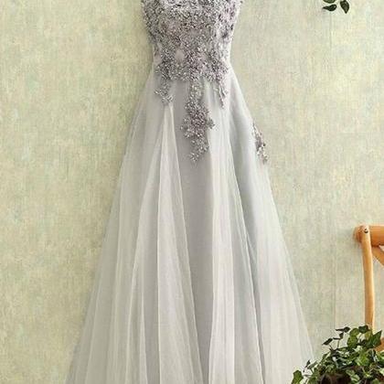 Gray Tulle Round Neck Lace Applique See-through..
