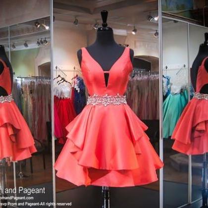 Coral V-neck Short Homecoming Dress,v-neck..