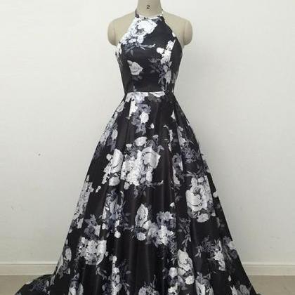 Cute Black And White Floral Satin Halter Prom..