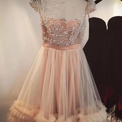 Fashion A-line Jewel Cap Sleeves Tulle Short..