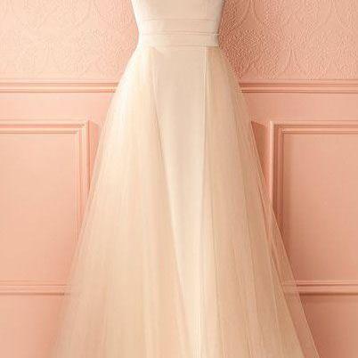 Simple Tulle Champagne Long Prom Dress, Light..