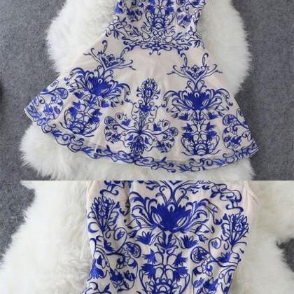 A-line Dresses,printed Royal Blue Dresses,short..