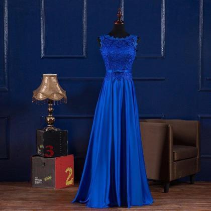 Scoop Neck Lace Satin Evening Dress, Blue Prom..