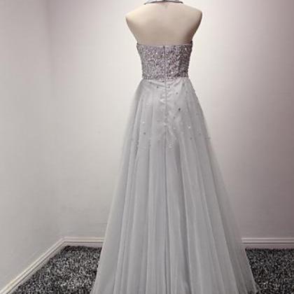 A-line Halter Sequins Tulle Floor Length Prom..