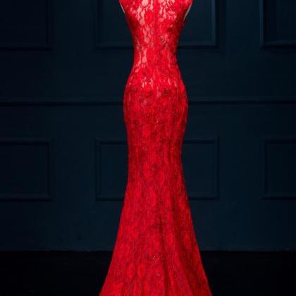 Red Round Neck Full Lace Mermaid Long Prom Dress,..