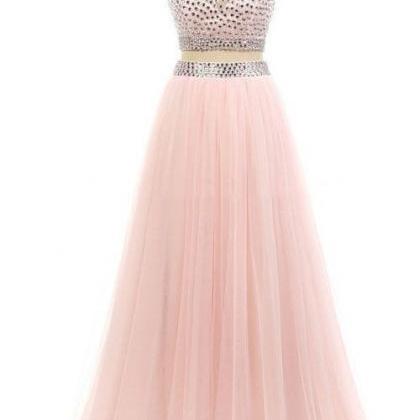 High Neck Pink Tulle Sweep Train Beading Two..