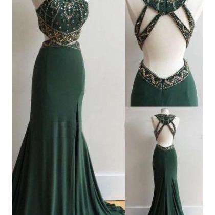 Dark Green Open Back Long Mermaid Prom Dresses..