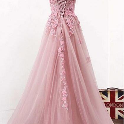 Blush Pink V Neckline Two Straps Lace Evening Prom..