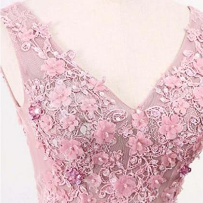 Blush Pink V Neckline Two Straps Lace Evening Prom..