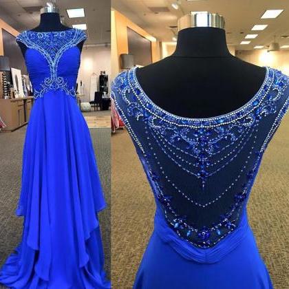 Royal Blue Chiffon With Beaded Prom Dresses,long..