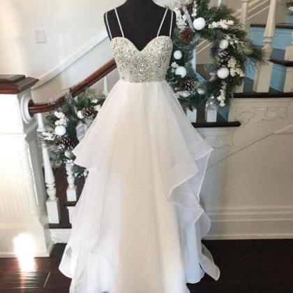 White Sweetheart Rhinestone Long Prom Dresses,..