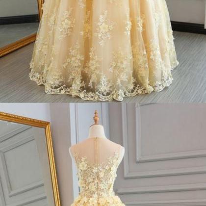 Yellow Tulle Lace Prom Dress, Ball Gown, 2018 Prom..