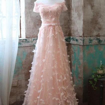 Blush Pink Prom Dresses, Pink Lace Tulle Long Prom..