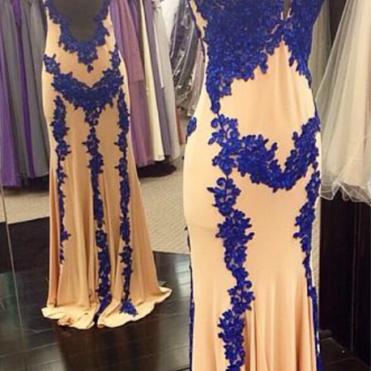 High Neck Royal Blue Lace Appliques Prom Dresses..