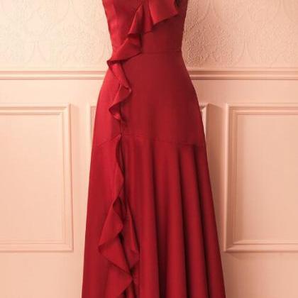 Simple Burgundy Prom Dress,v Neck Long Prom..