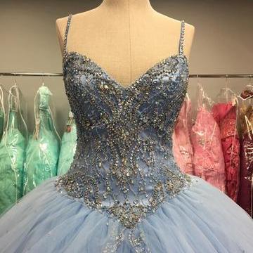 Light Blue Tulle Ball Gowns Quinceanera Dresses..