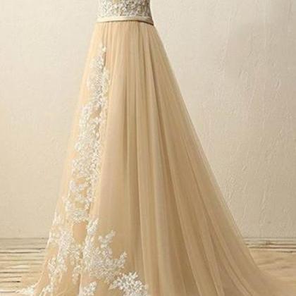 Champagne Tulle Lace Round-neck Long Evening..
