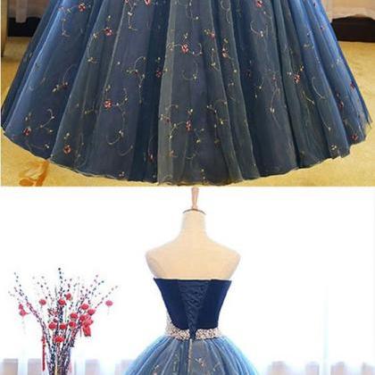 Ball Gown Sweetheart Court Train Navy Blue Lace..