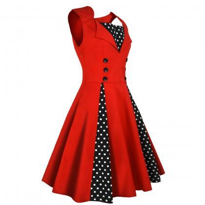 Vintage Dress Polka Dot Patchwork Sleeveless..