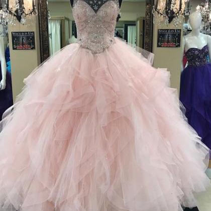 Light Pink Ball Gown,illusion Neck Tulle Skirt..