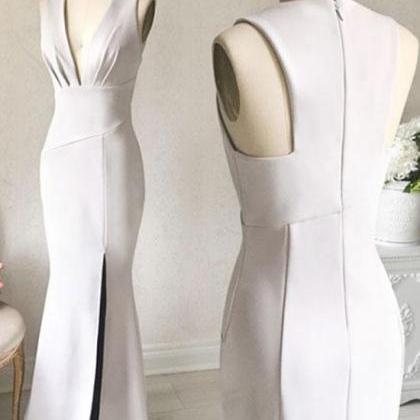 Simple White V-neck Sheath Prom Dress,long Formal..
