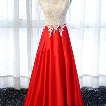 2018 Red Satin Long Lace Appliqués Prom Dress..