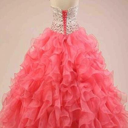 Coral Organza Sweetheart Sequins Ball Gown Dress,..