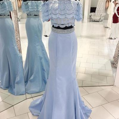 Spring Fresh Blue Satin Beaded Two Pieces Long..