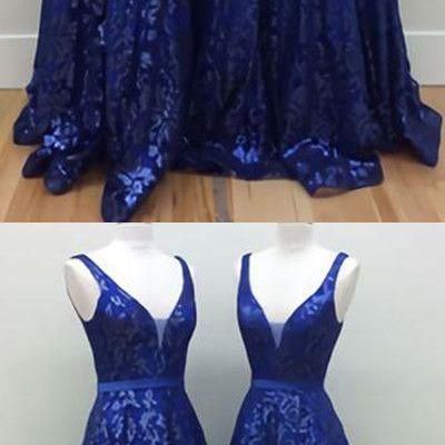 Royal Blue Lace Long V-neck A-line Prom Dress,..