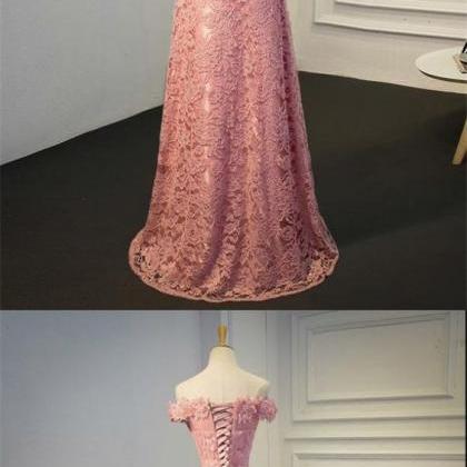 Pink Lace Appliqués Off-the-shoulder Floor Length..