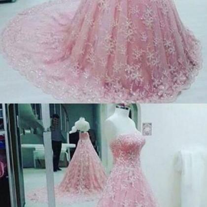 Bridal Ball Gown Strapless Pink Lace Formal Women..