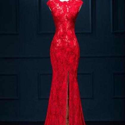 Long See Through Split Mermaid Sexy Red Lace Prom..
