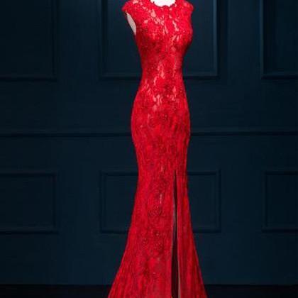 Long See Through Split Mermaid Sexy Red Lace Prom..