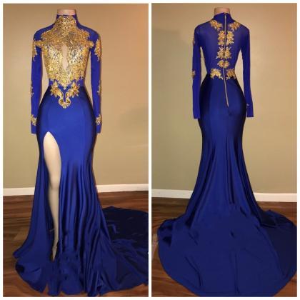 Gorgeous Royal Blue Prom Dresses | Gold Appliques..