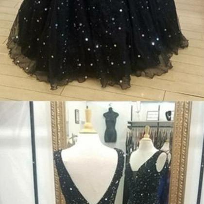 Luxurious Sequins Beaded V Neck Navy Blue Prom..