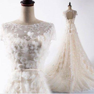 A-line Round Cap Sleeves Light Champagne Wedding..