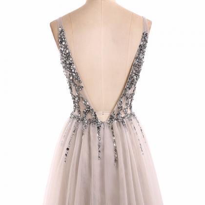 V Neck Sparkly Prom Dresses 2018 Backless Evening..