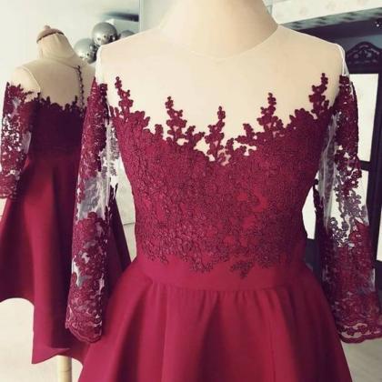 Burgundy High Low ,applique 3/4 Sleeves ,lace..