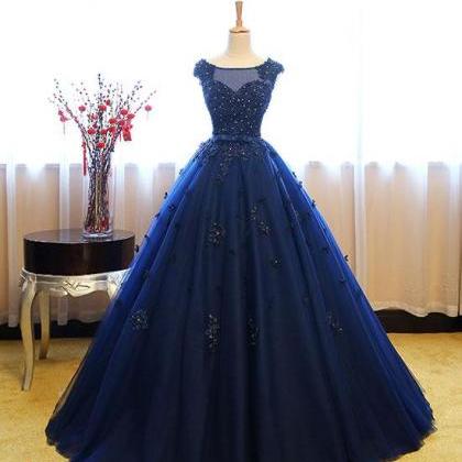 Dark Blue Tulle Lace Long Prom Dress, Dark Blue..