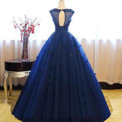 Dark Blue Tulle Lace Long Prom Dress, Dark Blue..