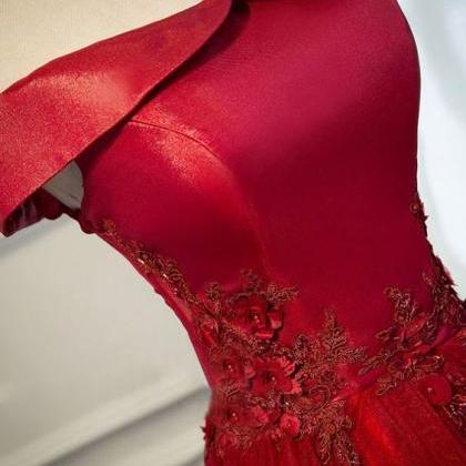 Burgundy Lace Tulle Long Prom Dress, Off Shoulder..