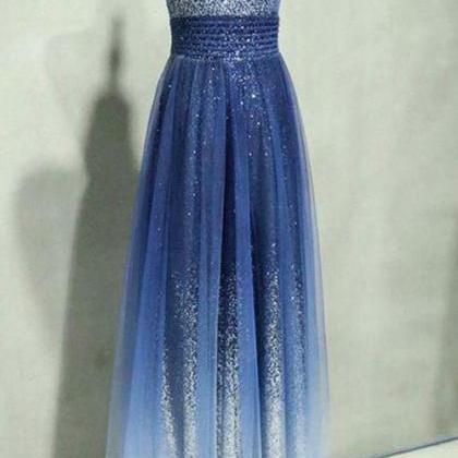 A Line Ombre Spaghetti Straps Tulle Blue Sequins..