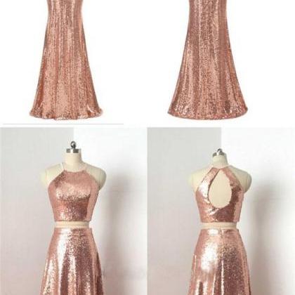 Charming Rose Gold Sequin Two Pieces Long Popular Fashion Prom Dress ...