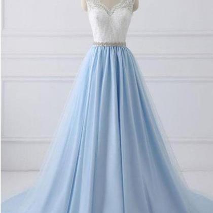 Lace Prom Dresses A-line White And Blue Long Prom..