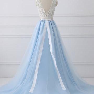 Lace Prom Dresses A-line White And Blue Long Prom..