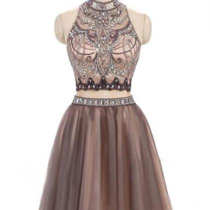 Chic Two Pieces Homecoming Dress High Neck Beading..