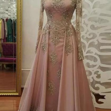 2018 A-line Prom Dresses Scoop Long Sleeve Pink..