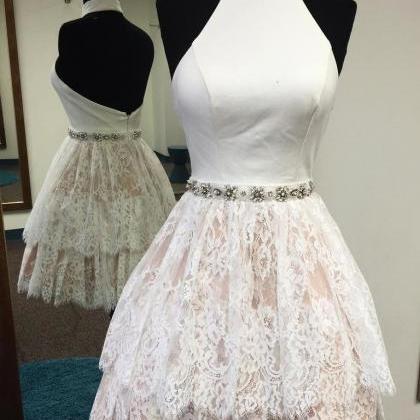 High Neck White Short Lace Backless Homecoming..