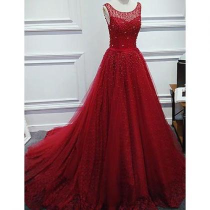 Red Scoop Neck Ball Gown Beaded Prom Dress Formal..