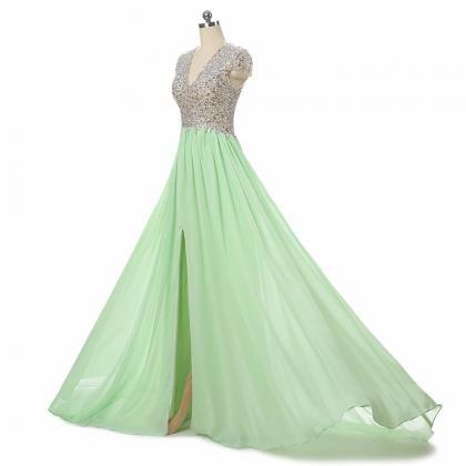 Cap Sleeves Crystal Long Chiffon Prom Dresses With..